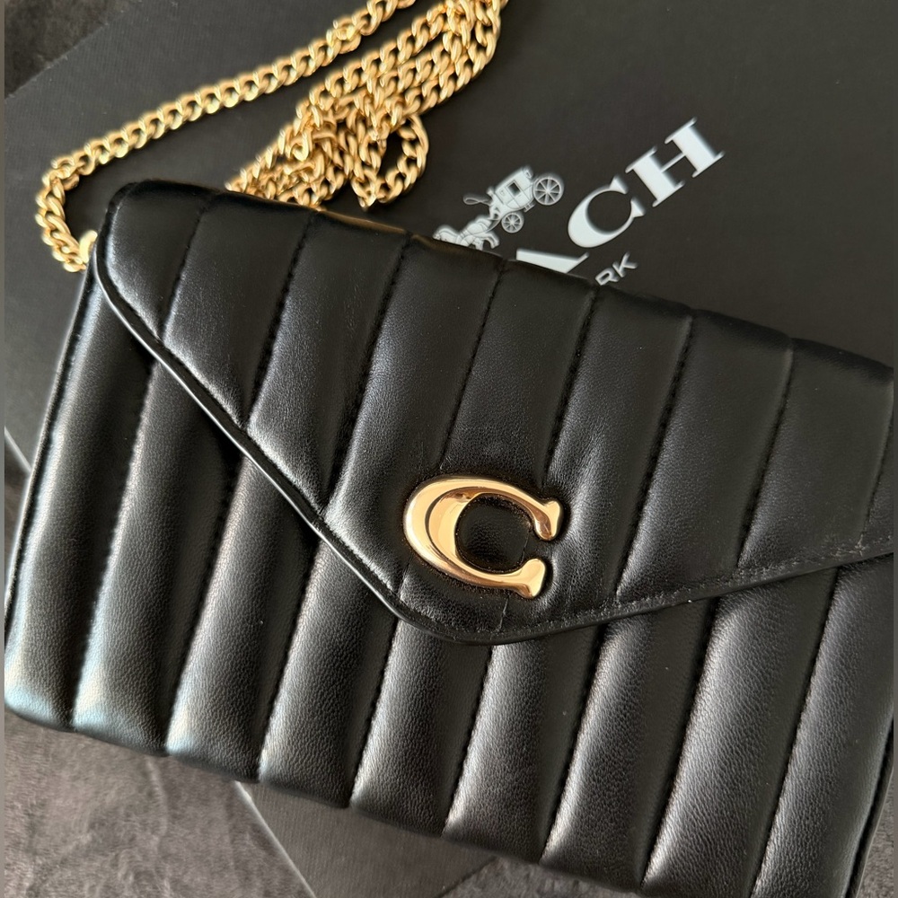 Coach Black Quilted Leather Crossbody with Gold Chain and 'C' Logo